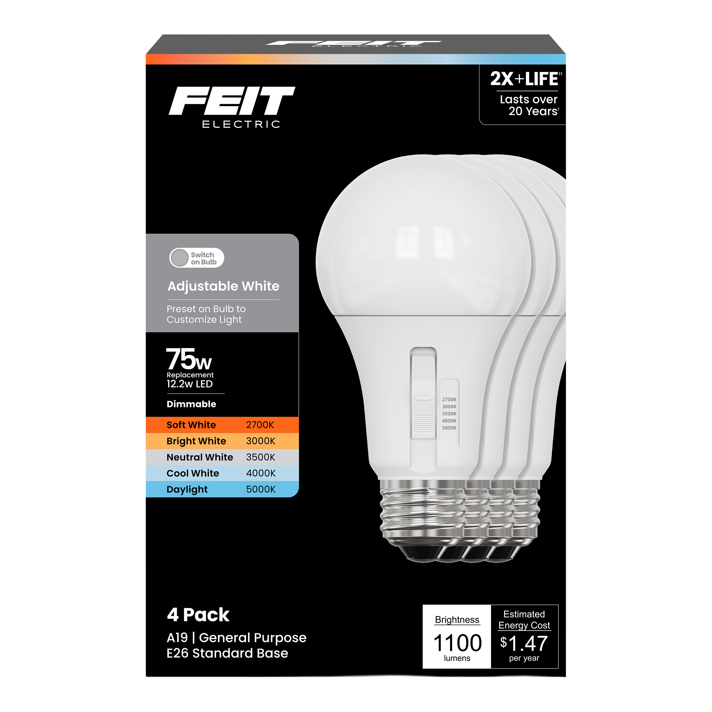 Led A19 E26 5cct 75w 4pk